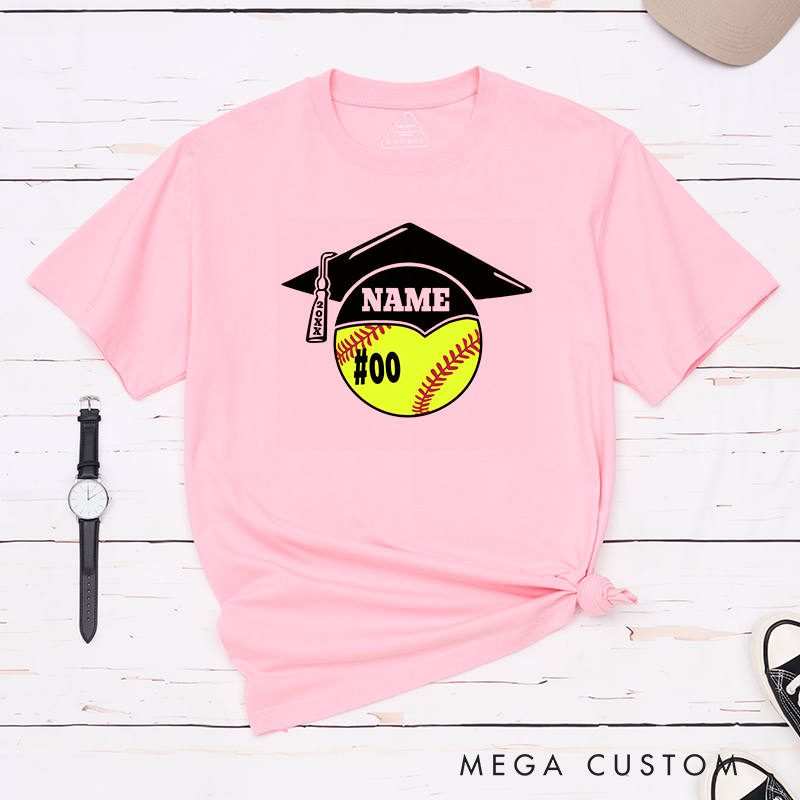 Personalized Graduation Softball T-Shirt Design Featuring Custom Name Player Number Graduation Cap and Bat Graphic