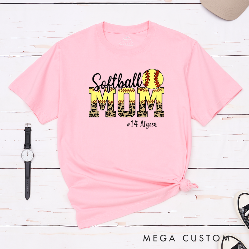Personalized Softball Mom T-Shirt Design Featuring Leopard Print Bold Text Softball Graphic and Custom Player Name and Number