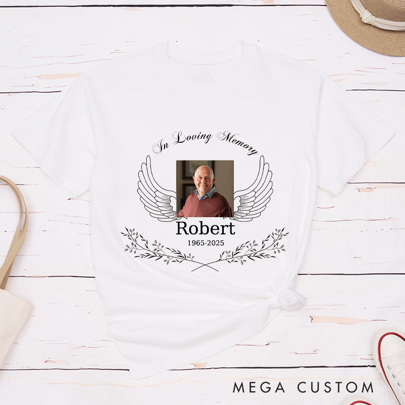 Personalized Angel Wings Memorial T-Shirt in Loving Memory Photo Shirt Rest in Peace Custom Sympathy Gift for Loss of A Loved One