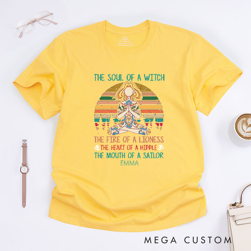 Personalized The Soul Of A Witch Yoga T-Shirt Positive Yoga Lover T-Shirt Meditating Yoga Gift for Women