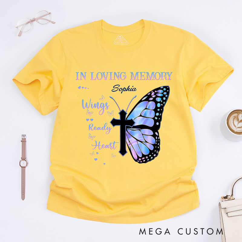 Personalized Custom Name Memorial T-Shirt Gradient Butterfly Cross In Loving Memory Wings Ready Heart Grieving Gift for Loved One