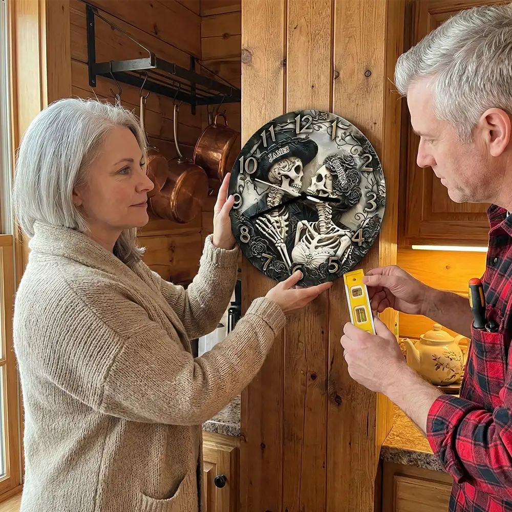 Personalized Skeleton Couple Till Death Do Us Part Wall Clock Custom Retro Gothic Graphic 3D Printed Wall Clock Anniversary Gift Valentine's Day Gift