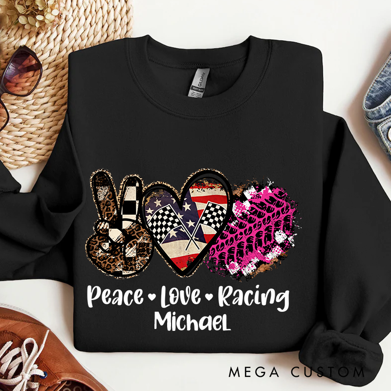 Personalized Racing Themed Heart & Peace Sign Sweatshirt Custom Name Sweatshirt