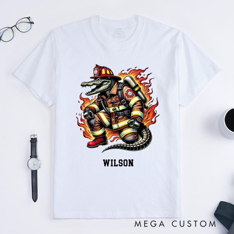 Personalized Bold Dynamic Creative Firefighter Crocodile Illustration Design Gift for Firefighter T-Shirt