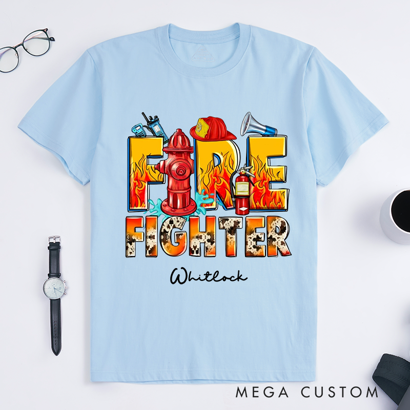 Personalized Vibrant Bold Dynamic Firefighter Typography and Equipment Illustration Design Gift for Firefighter T-Shirt