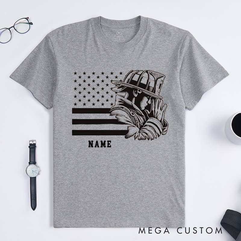 Personalized Firefighter Tribute American Flag and Helmet Illustration Design Gift for Firefighter T-Shirt