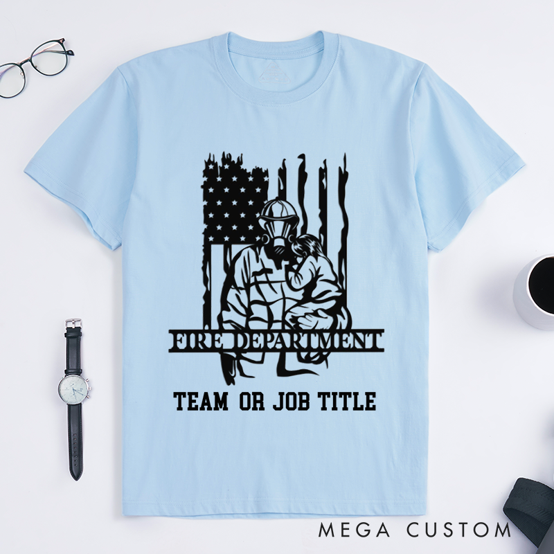 Personalized Fire Department American Flag Firefighter Silhouette Design Gift for Firefighter T-Shirt