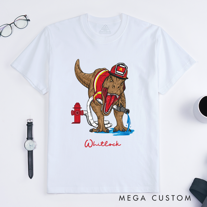 Personalized Fireman T-Shirt Firefighter Dinosaur Fun Graphic Design Gift for Firefighter T-Shirt