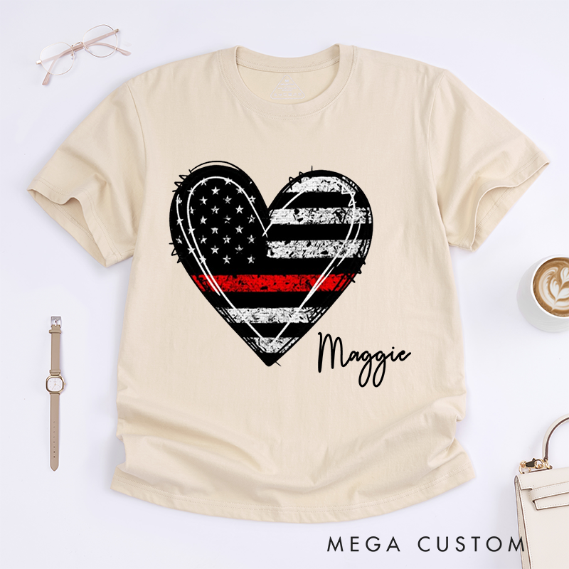 Personalized Firefighter Thin Red Line Heart Design Gift for Female Firefighter Fireman Wife Girlfriend T-Shirt