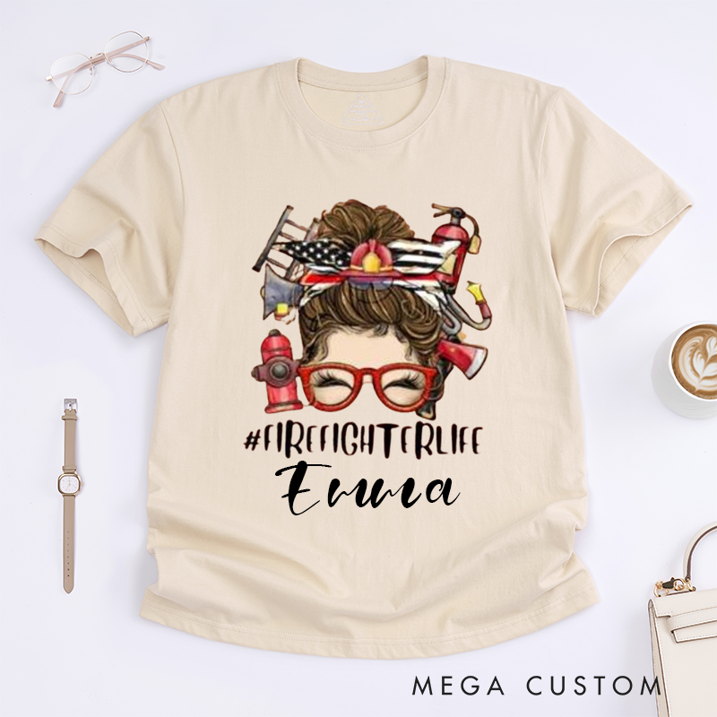 Personalized Firefighter FirefighterLife Trendy Bun Design Gift for Women for Female Firefighter Fireman Wife Girlfriend T-Shirt