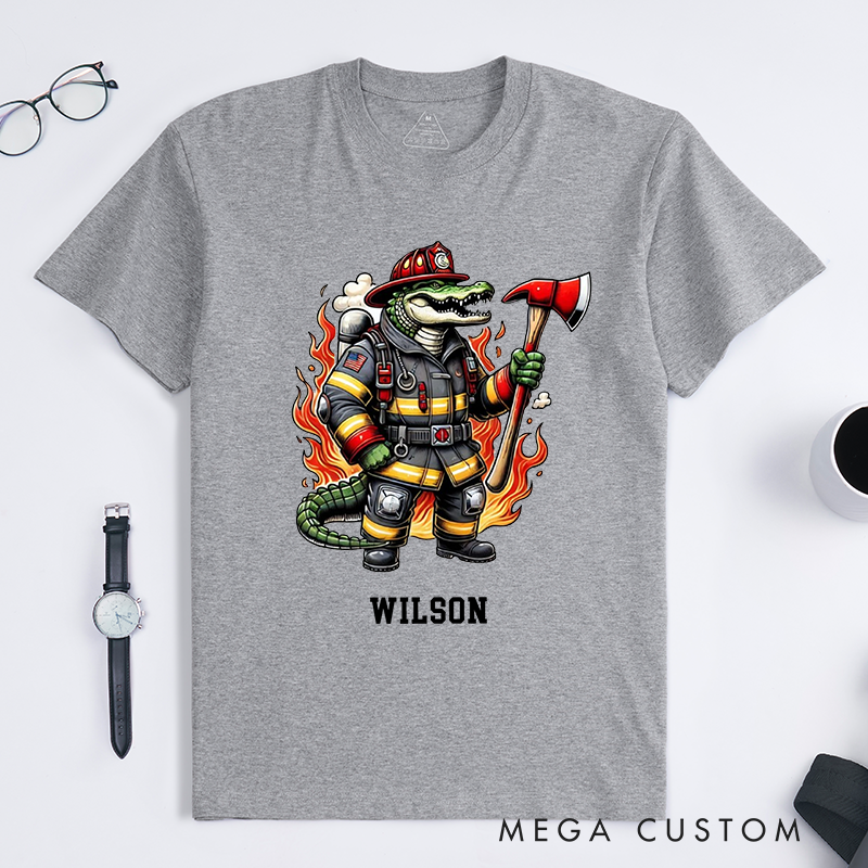 [Copy]Personalized Fun T-Shirt Cartoon Firefighter Crocodile Design Gift for Firefighter T-Shirt