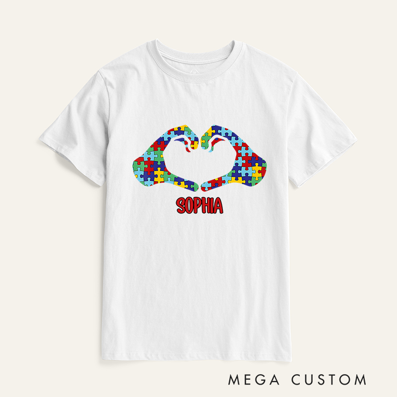 Personalized Heart LOVE Hands Puzzle Autism Awareness T-Shirt Mental Health Gift