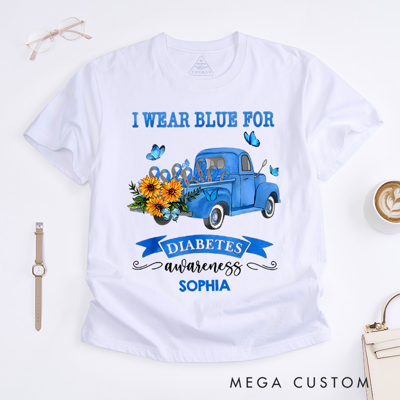 Personalized I Wear Blue for Diabetes Awareness T-Shirt Caring Gifts for the Sick