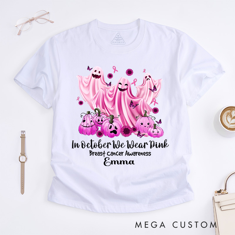 Personalized in October We Wear Pink Breast Cancer Awareness T-Shirt Ghost Haunted Pumpkin Halloween Gift