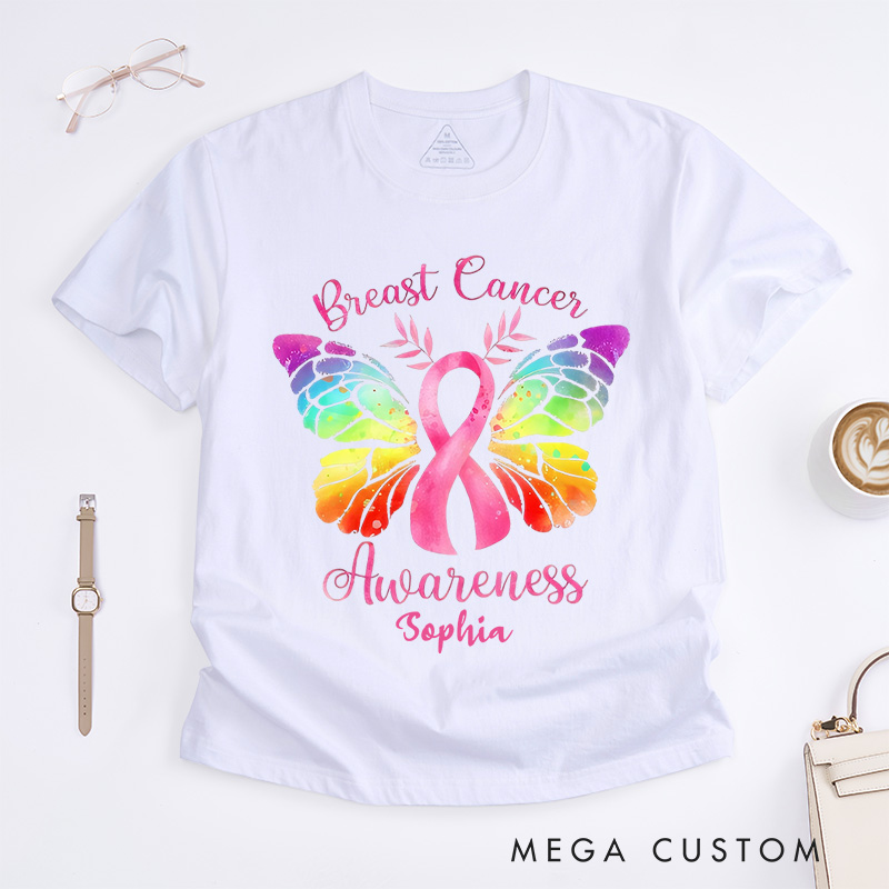 Personalized Pink Ribbon Butterfly Breast Cancer T-Shirt Survivor Ribbon Gift