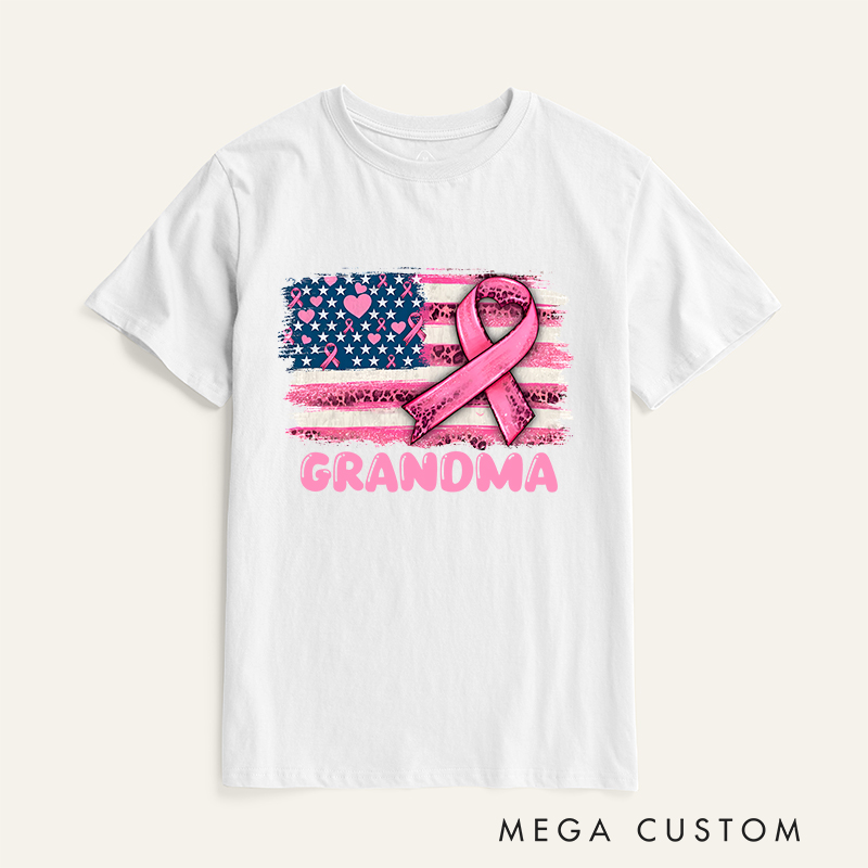 Personalized Pink Ribbon American Flag Breast Cancer T-Shirt Cancer Survivor Gift