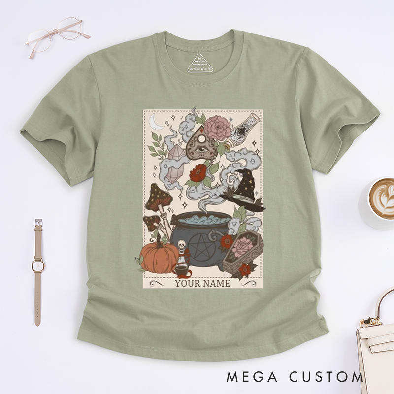 Personalized Witch Halloween Classic T-Shirts Custom Spooky Gift for Magic Lovers Unisex Vintage Potion Pumpkin Mushroom Print Unique Gift