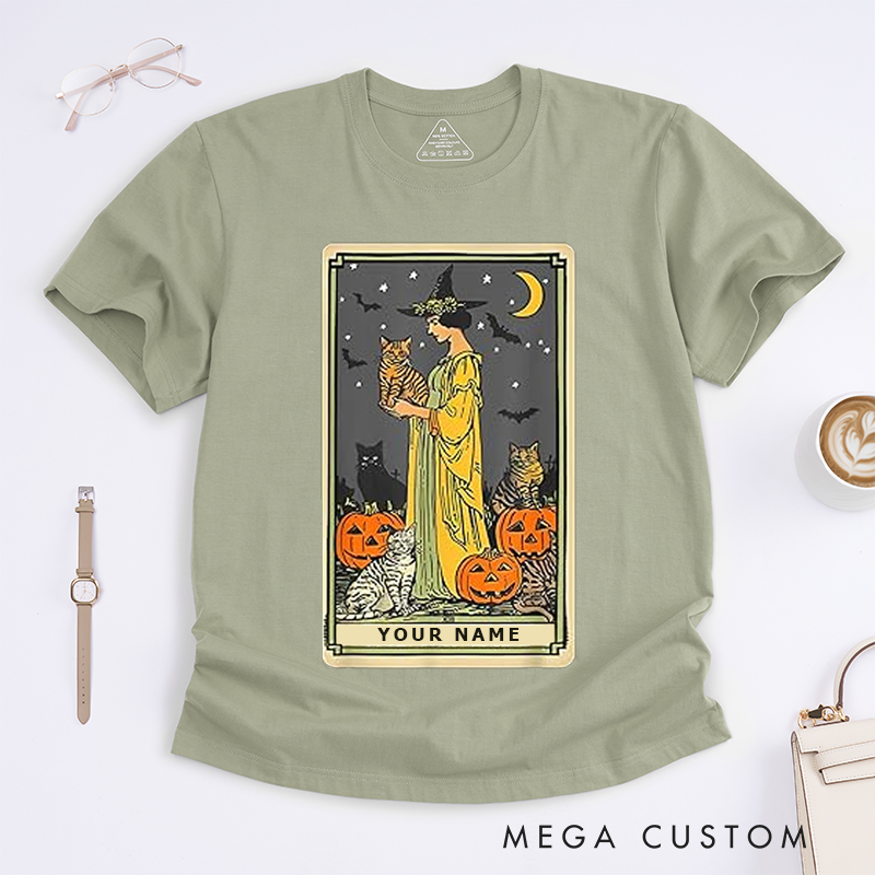 Personalized Tarot Lovers Classic T-Shirts Cat Lady Witch T Shirt Halloween Pumpkin Lovers Classic Tee Unique Gift for Cat Owner Present