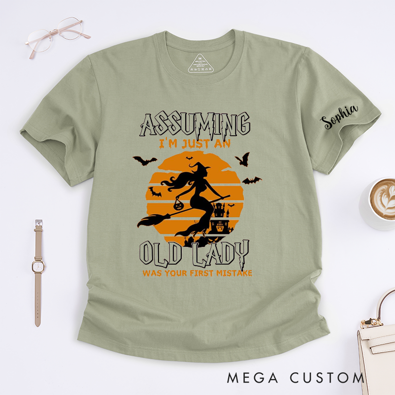 Personalized Old Lady Witch Halloween Classic T-Shirts Custom Name Funny Broomstick Costume Gift for Unique Retirement Birthday Present for Grandma