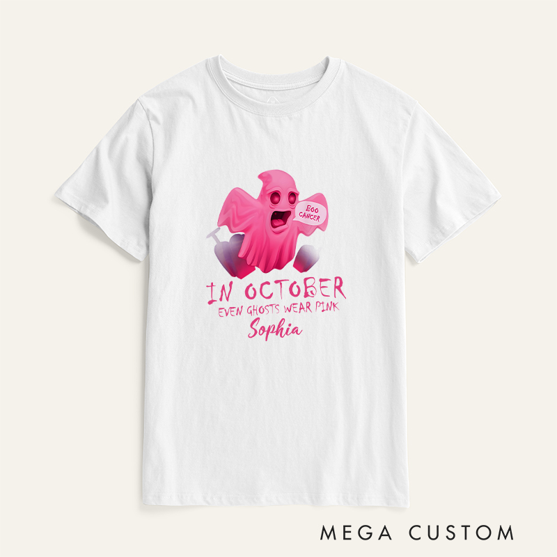 Personalized Breast Cancer Awareness T-Shirt in October Even Ghosts Wear Pink Cancer Support Gift Halloween Gift