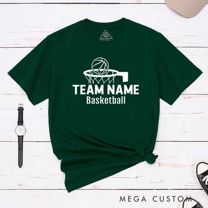 Personalized Basketball T-Shirt Design Showcasing Custom Team Name Bold Basketball Hoop Graphic Dynamic Ball Illustration and Clean Text Layout