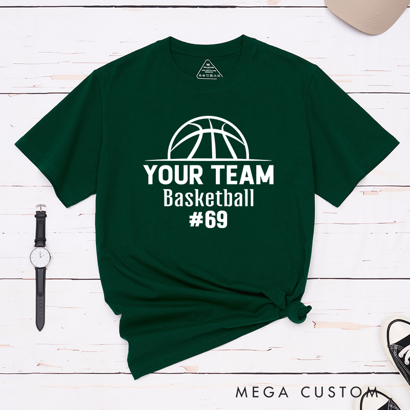 Personalized Basketball T-Shirt Design Showcasing Custom Team Name Bold Basketball Graphic Sleek Text Layout and Prominent Player Number Display