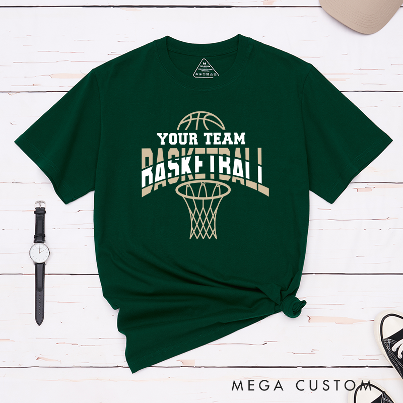 Personalized Basketball T-Shirt Design Featuring Custom Team Name Bold Arched "Basketball" Text Dynamic Hoop Graphic and Stylish Basketball Accent