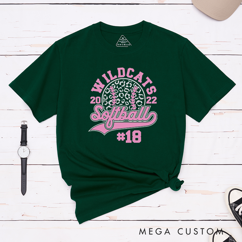 Personalized Customizable Softball Team T-Shirt Design Featuring Bold Arched Team Name Leopard Print Softball Graphic Stylized Script Text for Softball and Custom Player Number