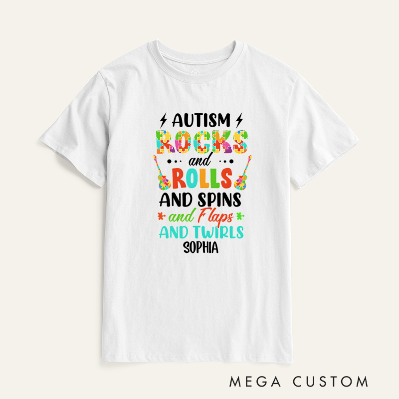 Personalized Autism Rocks and Rolls Spins Flaps and Twirls Shirt Funny Autism Awareness Month Gift