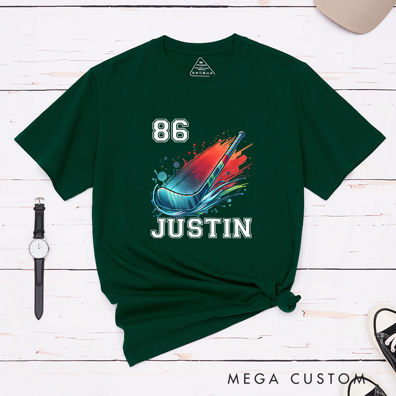 Personalized Athletic T-Shirt with Hockey Stick and Customizable Name