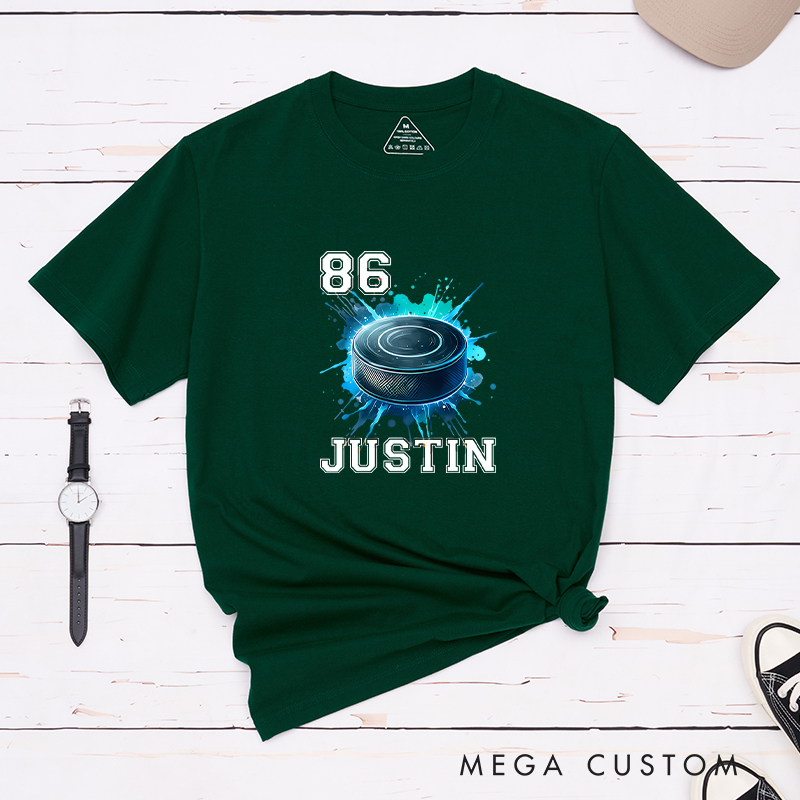 Personalized Athletic T-Shirt Featuring a Vibrant Hockey Puck Graphic and Custom Name