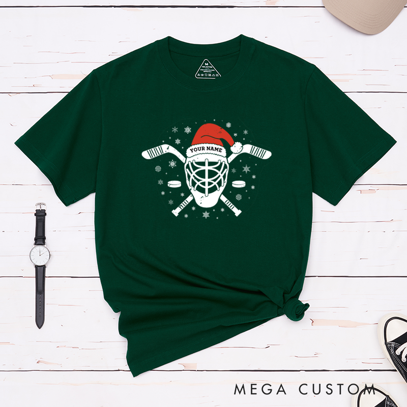Personalized Hockey T-Shirt with Custom Name and Festive Santa Hat Design
