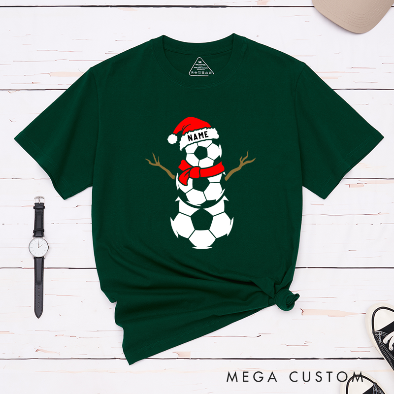 Personalized Soccer Snowman T-Shirt with Custom Name and Festive Design
