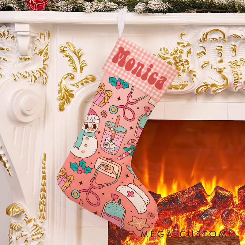 Personalized Nurse-Themed Christmas Stocking with Festive Icons Xmas Gift