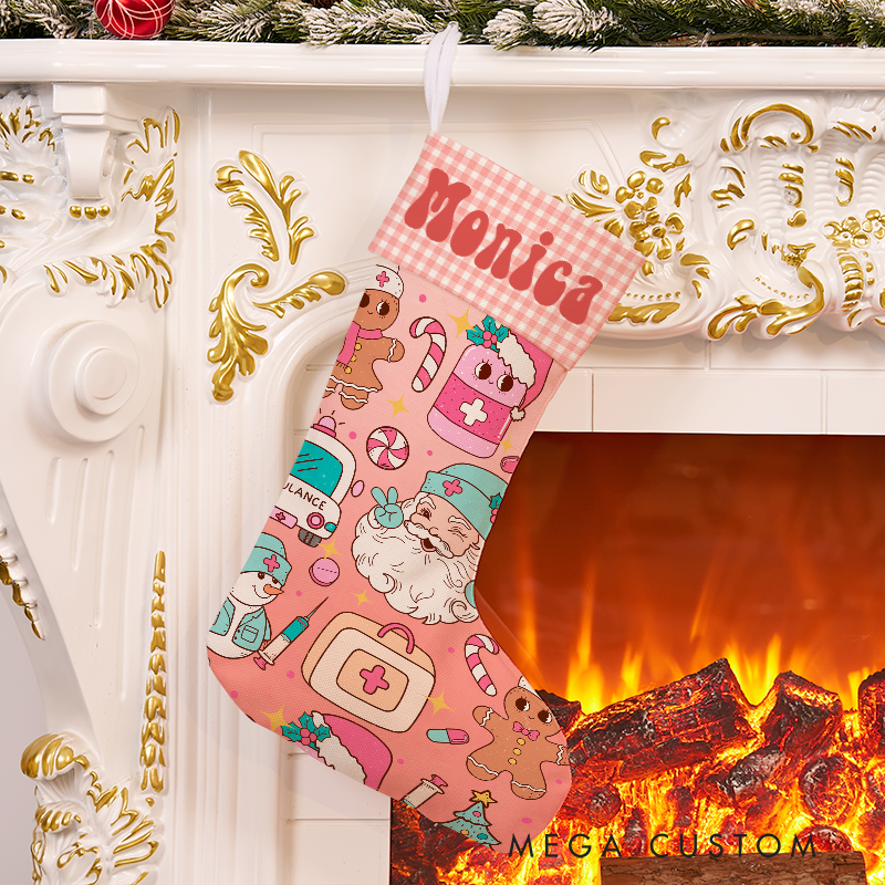 Personalized Nurse-Themed Christmas Stocking with Holiday Characters Xmas Gift