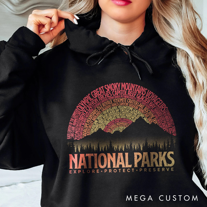 Personalized National Parks Vintage Sunset Hoodie 63 National Parks Gift for Outdoor Lover National Parks List Mountain Hoodie