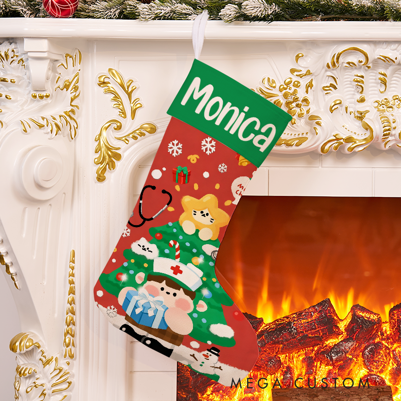 Personalized Nurse Themed Christmas Stocking with Holiday Characters Xmas Gift