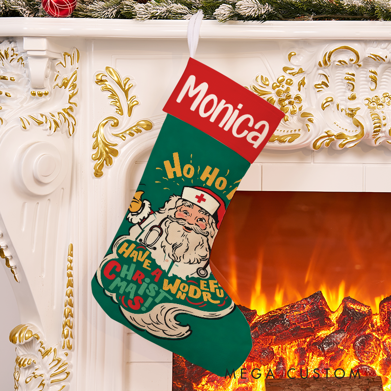 Personalized Nurse Santa Christmas Stocking with Holiday Characters Xmas Gift