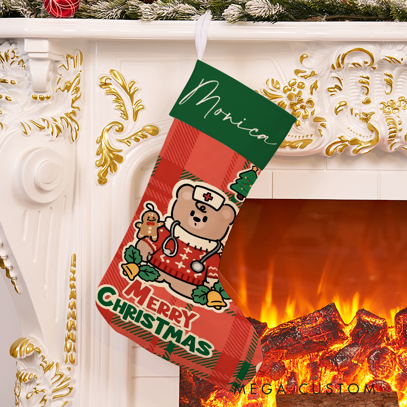 Personalized Nurse Bear Christmas Stocking with Holiday Characters Xmas Gift