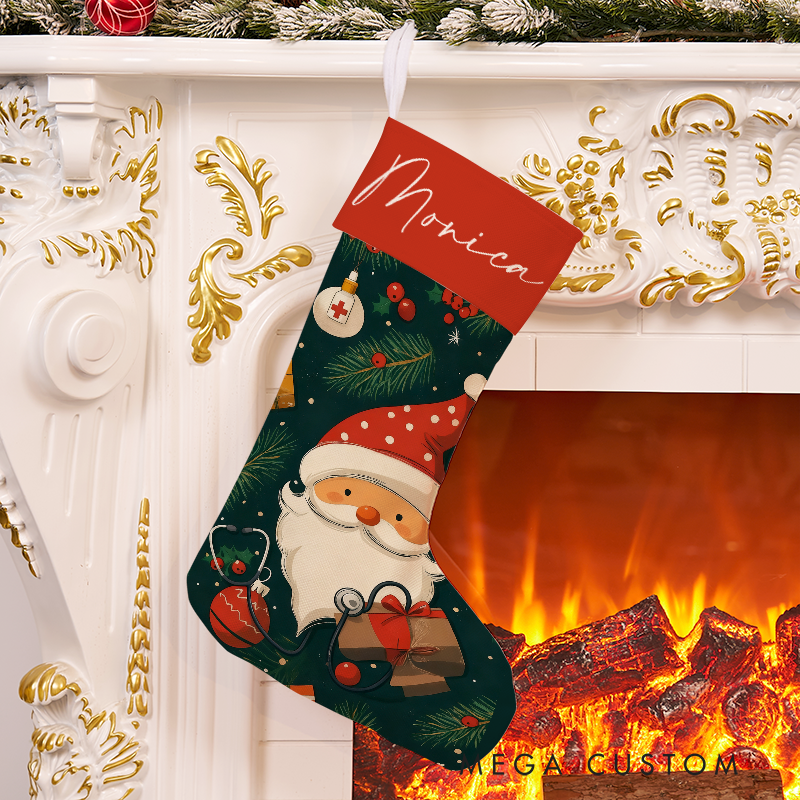 Personalized Santa and Nurse Christmas Stocking with Holiday Characters Xmas Gift