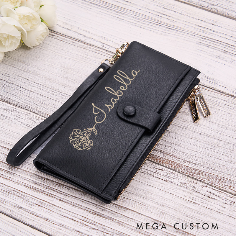 Personalized Leather Wallet for Women Birth Flower Leather Wallet Engraved Leather Wallet with Name Women Slim Wallet Clutch Purse Unique Gift for Her Birthday Gifts
