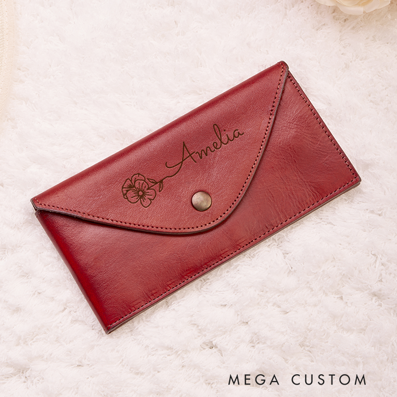 Personalized Leather Wallet for Women Birth Flower Women Wallet Engraved Leather Wallet Leather Purse Birth Flower Monogram Wallet Women's Purse Gift For Her Gift For Mother Birthday Gift