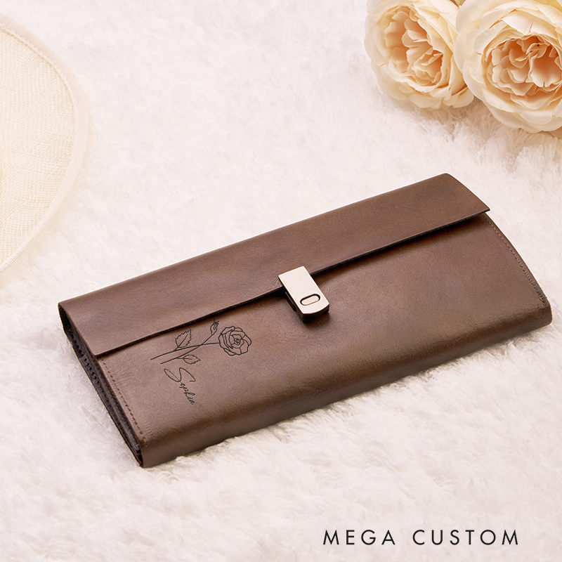 Personalized Birth Flower Leather Wallet Engraved Women Leather Wallet Leather Gift for Her Unique Gift for Her Birthday Gifts