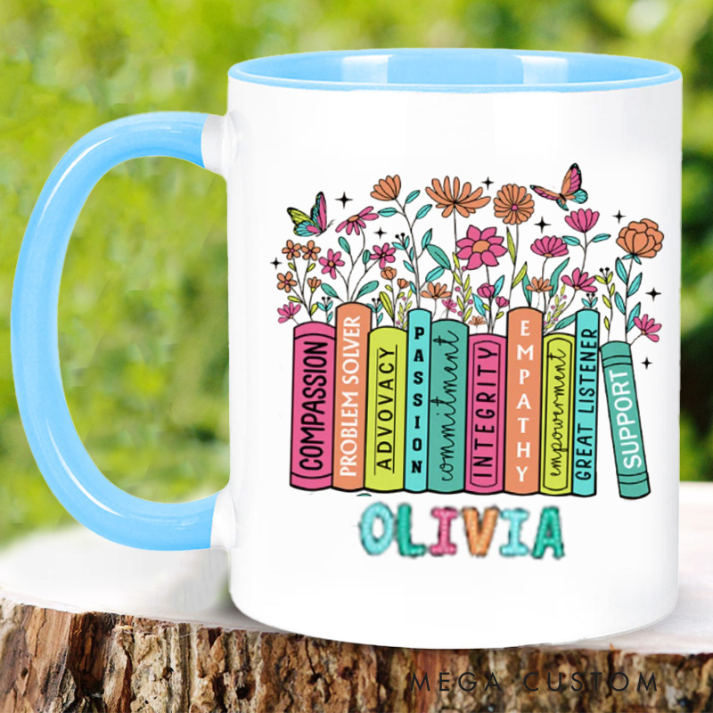 Personalized Floral Book Mug 11oz Ceramic Reading Accent Mug with Name for Bookworm Bookish Coffee Cup Book Lover Gift