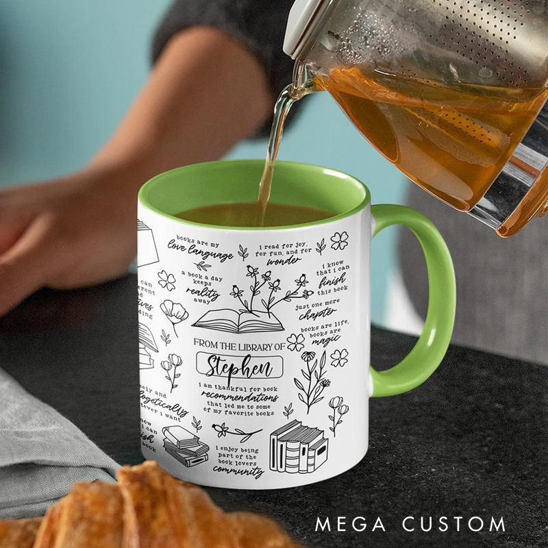 Personalized from the Library of Mug with Name Floral Book 11oz Ceramic Coffee Cup with Daily Affirmation Reading Accent Mug Gift for Family Friend Reading Lover