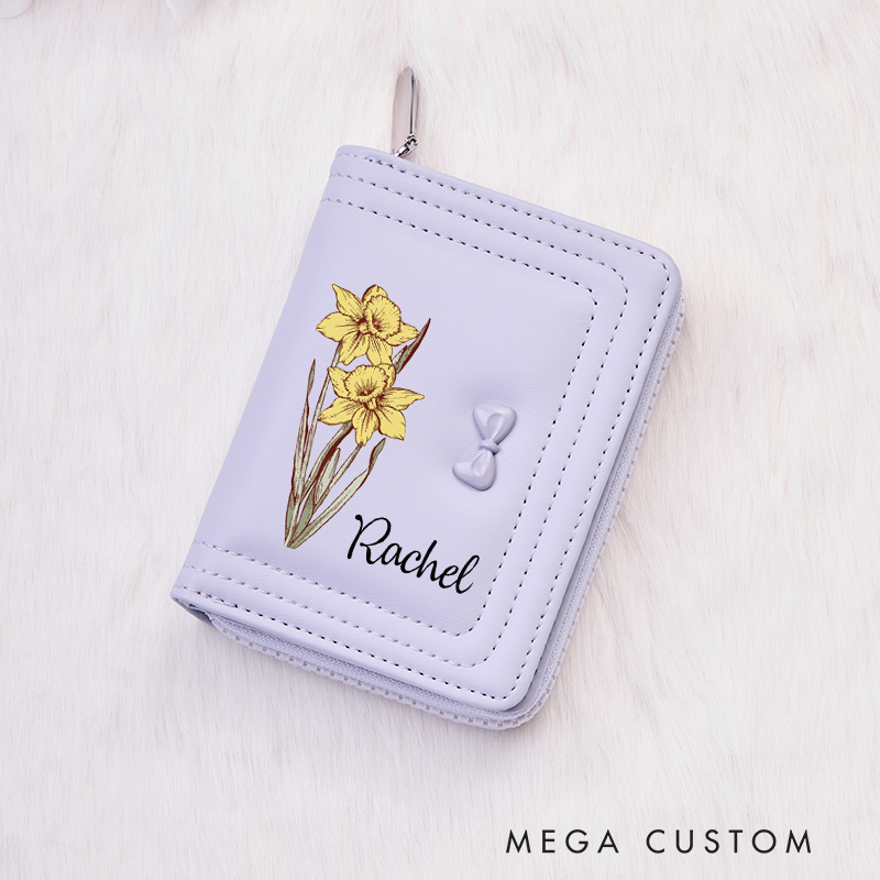 Personalized Leather Wallet for Girl Birth Flower Wallet for Her Bow wallet Purse Wallet Cute wallet Women's Purse Unique Gift for Her Birthday Gifts