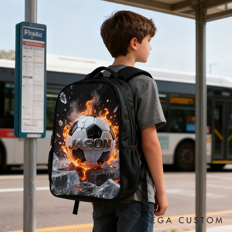 Personalized Soccer Backpack with Fiery Design and Custom Name for Kids and Soccer Lovers Black to School Gift 