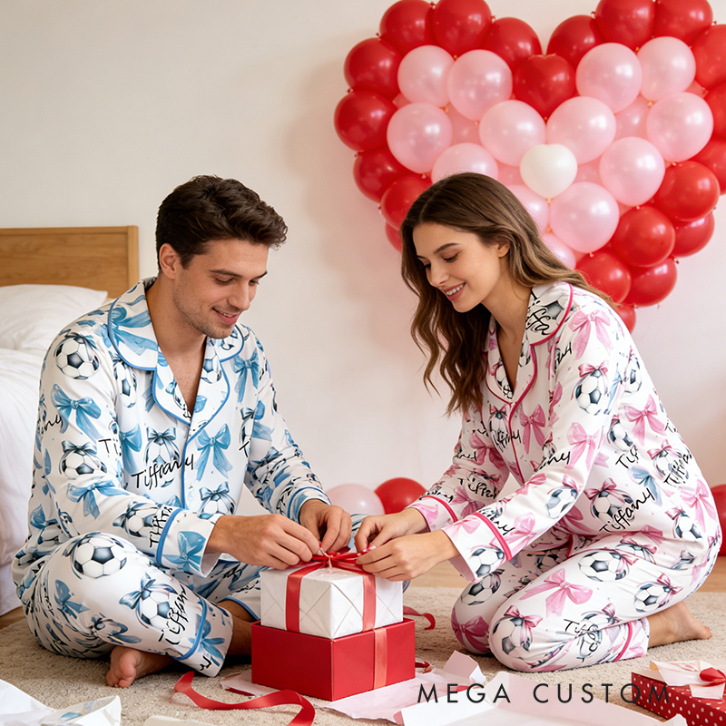 Personalized Couple Soccer Pajamas with Custom Name and Bow Design Gift for Anniversaries Valentine’s Day