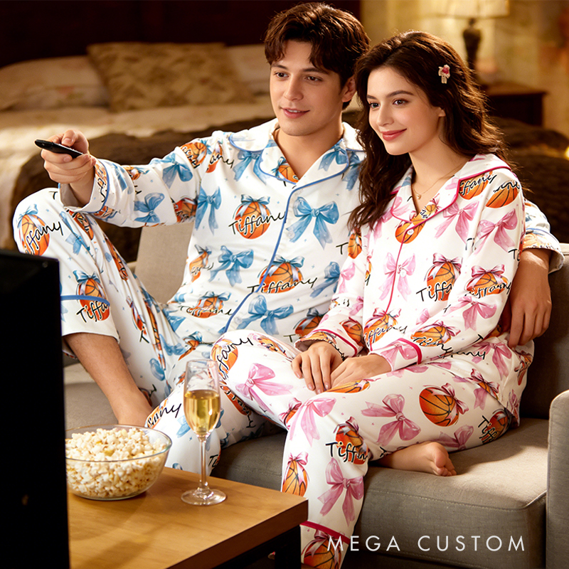 Personalized Couple Basketball Pajamas with Custom Name and Bow Design Gift for Anniversaries Valentine’s Day