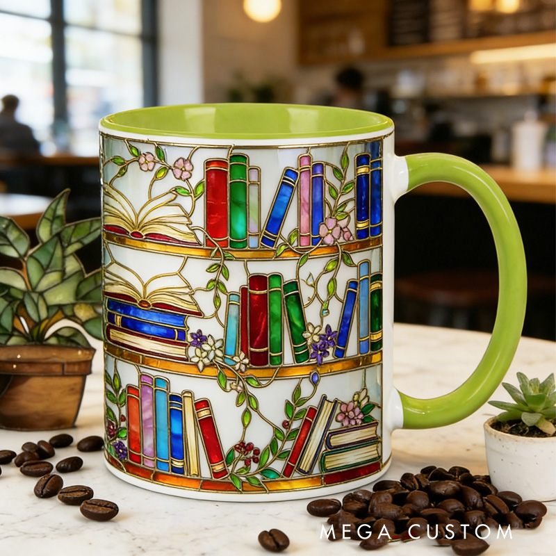 Personalized Stained Glass Floral Bookshelf Mug Custom Colorful Bookish Reader Coffee Cup with Name for Bookworm Reader Book Lover Booktoker Librarian Gift